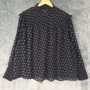 Womens Top 1X Black Polka Dot Fairy Ruffles Smocked Sheer Feminine Career Office